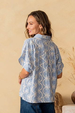 Sew In Love Embroidered Blue Button Top w/ Contrast Placket