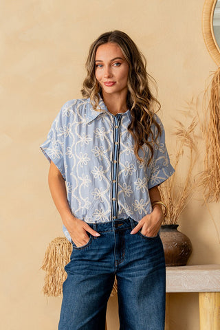 Sew In Love Embroidered Blue Button Top w/ Contrast Placket