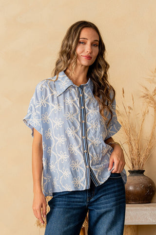 Sew In Love Embroidered Blue Button Top w/ Contrast Placket