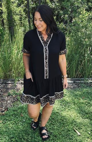 Entro Black Leopard Trim Drop Waist Dress