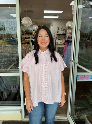 Alt text: "Striped Button Down Flutter Sleeve Top in various colors, featuring elegant stripes and stylish flutter sleeves.