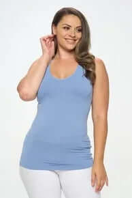 LT DENIM Buttery Soft Reversible Seamless Tank in navy, displayed on a hanger against a white background.