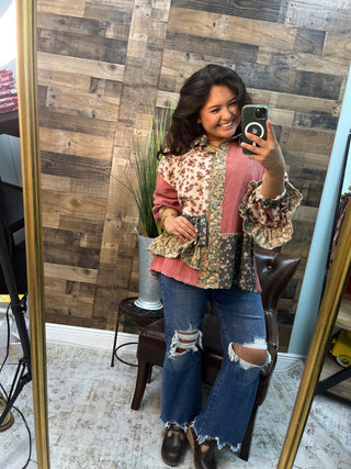 POL Raspberry Floral Ruffle Button Front Long Slv Top