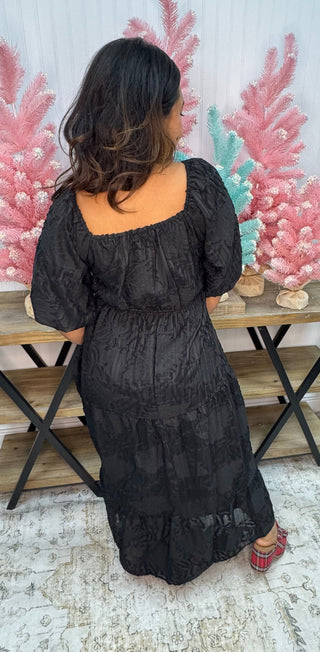 Polagram Black Textured Tiered Puff Sleeve Midi Dress