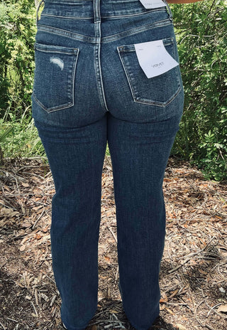 Lovervet T6666 Dark Wash High Waist Cuffed Straight Leg Jeans on a stylish mannequin display