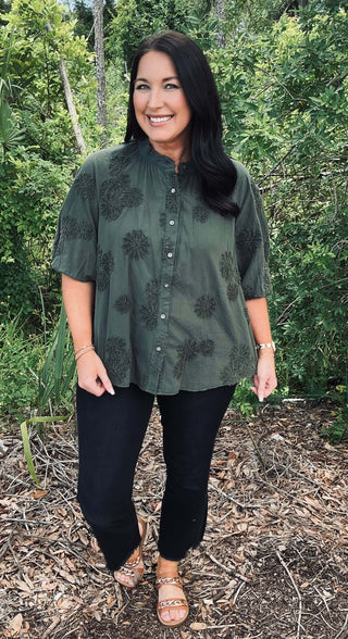 Women's POL Charcoal Olive Button Down Top with Floral Embroidery, Perfect for Stylish and Comfortable Outfits