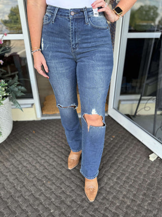 Judy Blue 88680 High Waist Ripped Knee Dad Jean - Stylish women's denim with distressed knee detail and relaxed fit.