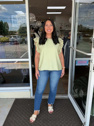 Stylish Crochet Ruffle Sleeve Top in Lavender and Apricot by Heyson - Perfect for Chic Outfits