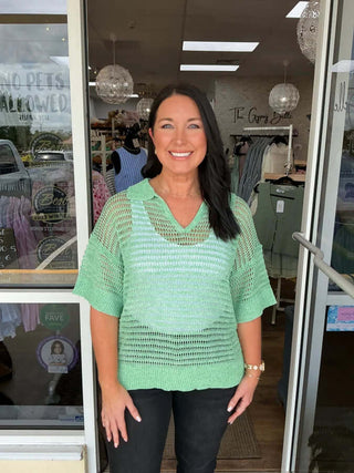 Open Weave Collar Top by White Birch in two colors - stylish, breathable design with elegant collar detailing.