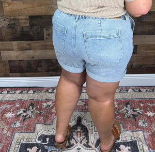 Stylish Judy Blue Cuffed Jogger Shorts with distressed details and elastic waist for a comfortable, fashionable fit.