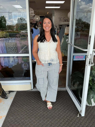 Navy Stripe Twill Gypsy Fit Pants with Tie Waist Bibi - Comfortable, Stylish, and Versatile Women's Fashion.