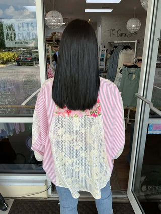 Colorful POL Pink Stripe, Lace, & Bright Floral Shacket Top with button details, blending boho charm and vibrant style.
