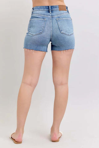 Judy Blue 15294 high-waist shorts with stylish reinforced distressing, perfect for a trendy and comfortable summer look.