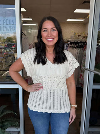 VNeck Scalloped Edge Sweater Top in various colors, stylish and cozy, perfect for any occasion.