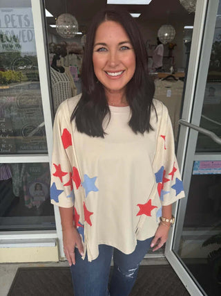 Women's Natural 3/4 Sleeve Top with Star Patch - Easel FINAL SALE