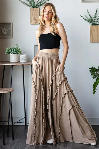Stylish Oli & Hali ruffle wide leg mineral wash pants, available in multiple colors for a trendy, comfortable look.