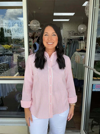 Stylish striped button-down scalloped top in various colors, perfect for any occasion. Shop now for versatile elegance.