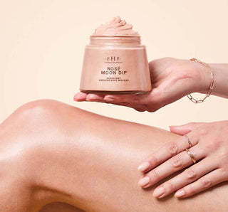 FHF Rosé Moon Dip® Limited Edition Body Mousse with Iridescent Finish in Pink Jar on Light Background