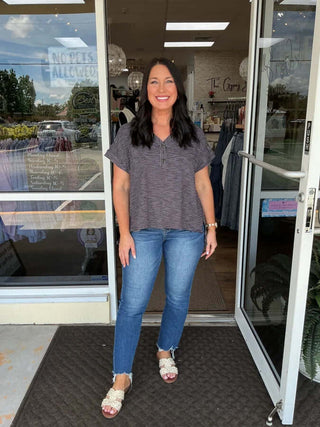 Chic Black & White Stripe V-Neck Dolman Top by Cozy Co, Perfect for Casual Comfort and Modern Style