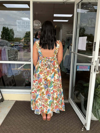 Cream Tropical Floral Pleated Shoulder Midi Dress with vibrant patterns, perfect for summer fashion and elegant style.