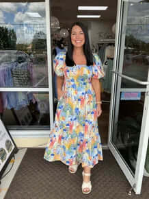 Elegant Blue & Yellow Grecian Smocked Bodice Maxi Dress by Davi & Dani, perfect for summer style and comfort.