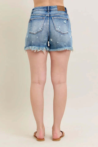 Judy Blue 150226 Star Print Cut Off Shorts, stylish denim with star pattern, perfect for any casual summer outfit.