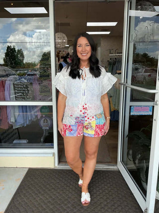 Colorful patchwork high waist shorts for American Girl dolls, featuring a unique design and comfortable fit.