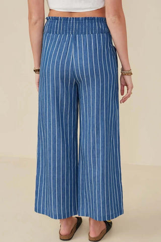 Dark chambray wide-leg pants with white stripe and smock waist, perfect for modern and stylish everyday wear.