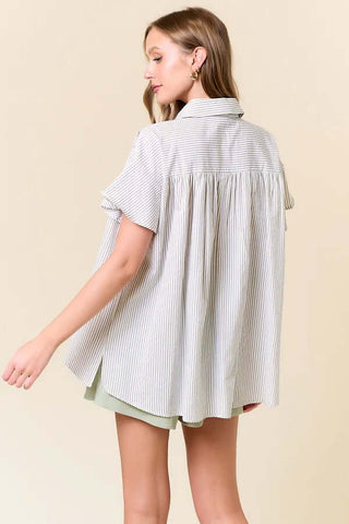 Women's striped button-down flutter sleeve top in various colors, laid flat with a relaxed fit and trendy design.