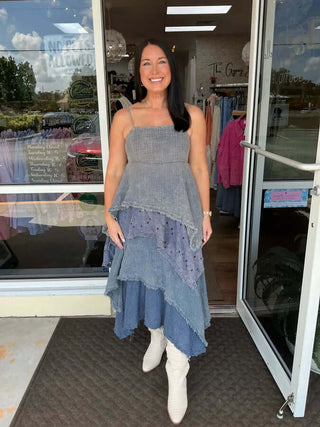 Dolphin Blue Mixed Fabric Tiered Midi Dress by Oli & Hali, elegant and flowy design perfect for any occasion.