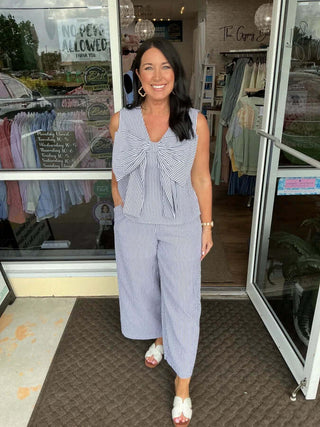 Seersucker Bow Pant Set by Jodifl in two colors, featuring stylish bows and a trendy design, perfect for a chic look.