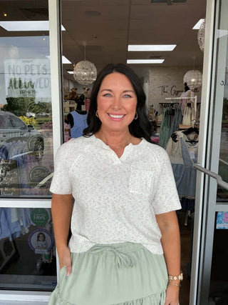 Oatmeal Knit Short Sleeve Split Neck Top on Hanger – Soft, Stylish & Versatile Women's Fashion Apparel for Every Occasion