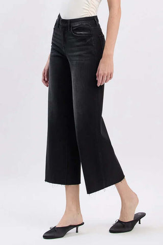 Lovervet V3634BK Black High Waist Wide Leg Crop Jeans displayed on a hanger, showcasing its stylish and modern cut.