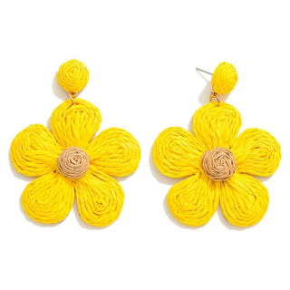 Bright yellow raffia earrings resembling daisies, with intricate detailing, perfect for adding a pop of color to any outfit.