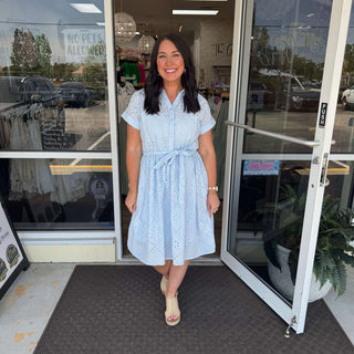 Powder blue eyelet short sleeve collar dress by Sew In Love, perfect for a stylish and breezy summer look.