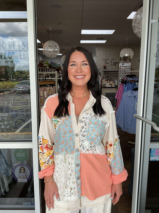 POL Oversized Peach Floral Patchwork Shacket Top with Balloon Sleeves - Vintage Chic Fashion