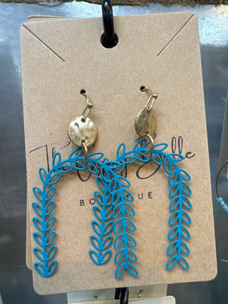 Elegant Turquoise Leaf Arch Drop Earrings with Gold Accents - Perfect for Bold Fashion Statements and Unique Style.