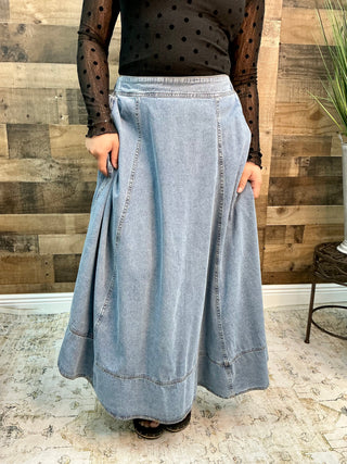 Washed Denim Favorite Flair Midi Skirt w/ Contrast Stitch