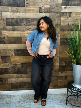 Cozy Co Pearl Washed LT WASH Denim Short Sleeve Shrug Top