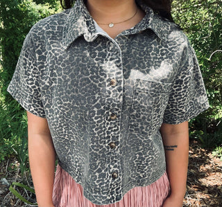 Wishlist Leopard Top Button Front Shacket with Short Sleeves, Perfect for Stylish Layering, Front View
