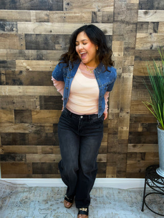 Cozy Co Rhinestone Washed Denim Short Sleeve Shrug Top