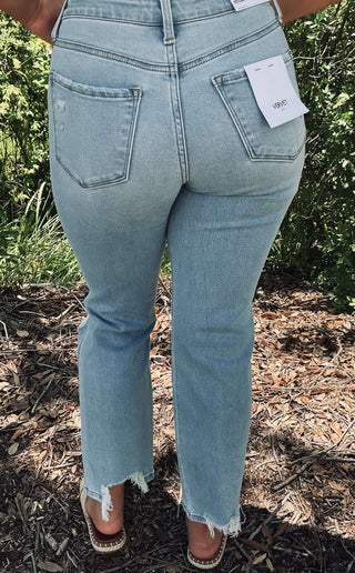 Lovervet T6507 high-rise straight-leg distressed jeans in dark wash, featuring a trendy and comfortable fit for any occasion.
