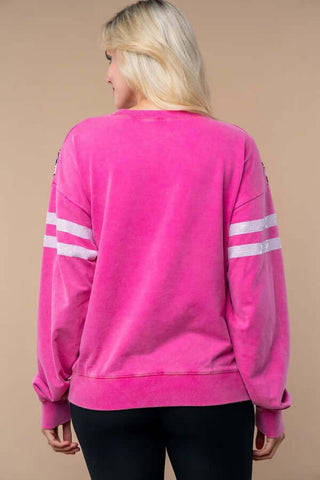 Hot pink sequin football varsity sweatshirt top with sparkly design and casual fit, perfect for sports and fashion lovers.
