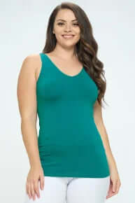 Teal Verdigris Buttery Soft Reversible Seamless Tank on a hanger, highlighting its texture and elegant design.