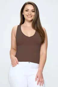 Coffee-colored buttery soft reversible seamless tank for women, displayed on a hanger against a neutral background.