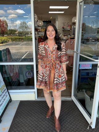 Entro Charcoal & Rust Botanical Print Short Dress