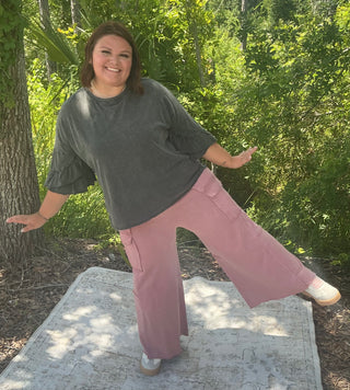 Light gray wide leg cargo pants made from soft French terry fabric