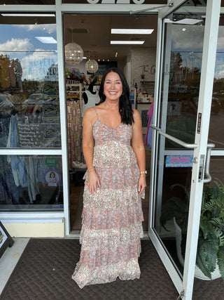Clay Floral Tiered Ruffle Maxi Dress with Smocked Back - Perfect for Valentine’s Day or spring events in February.