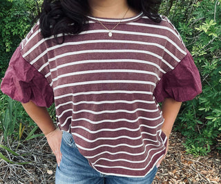 ee:some Striped Textured Top with Contrast Puff Sleeves in Two Colors" - Stylish, modern design with eye-catching details.