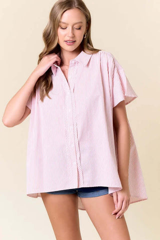 Stylish striped button down flutter sleeve top available in multiple colors for a chic and versatile look.